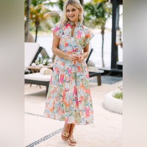 Pinch Mediterranean Print Tiered Midi Dress Small | Santorini Art Dress